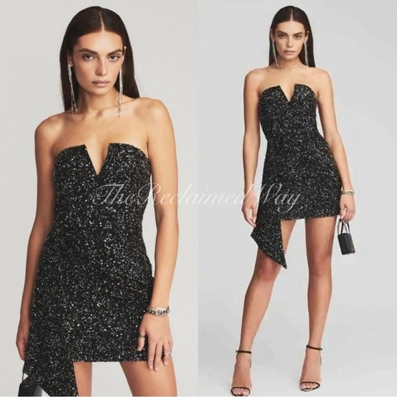 Retrofete Omer Sequin Mini Dress Strapless Asymmetrical Gunmetal Black V-Neck - Picture 5 of 12